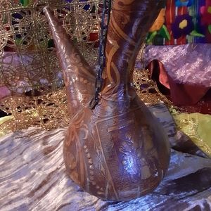 German glass blown canister with leather works